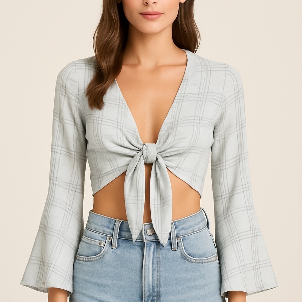 Majorelle Revolve Plaid bellsleeve tie top  resortwear xxs